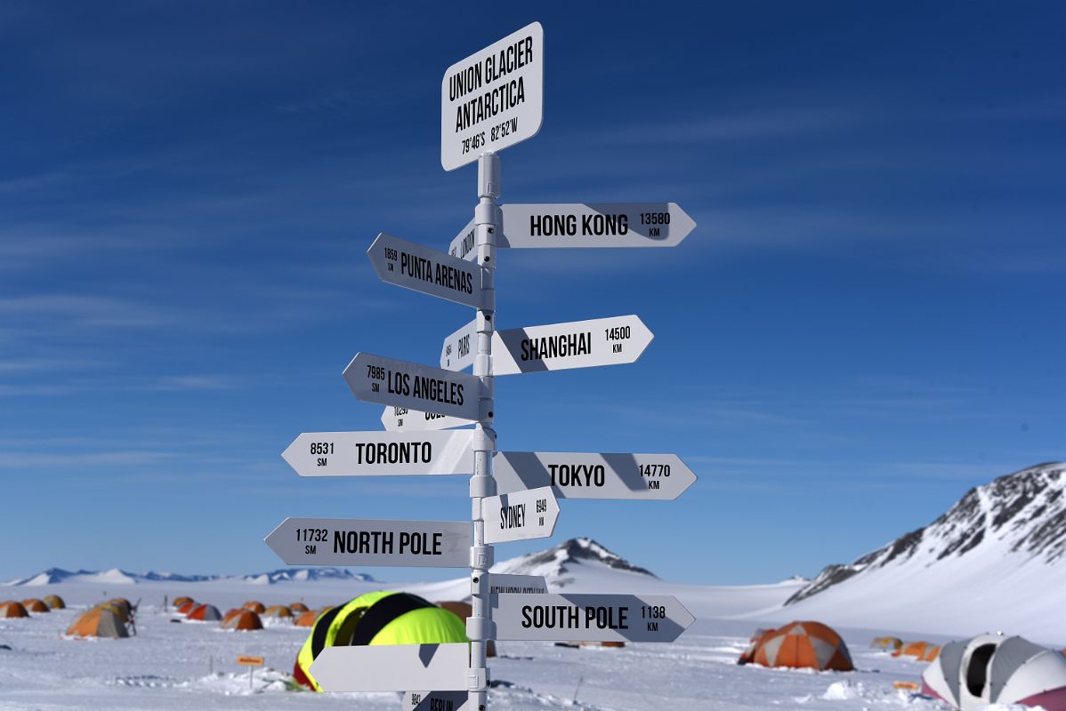 02B Sign Showing Distance From Union Glacier Antarctica To Hong Kong, Punta Arenas, Shanghai, Los Angeles, Toronto, Tokyo, Sydney, North Pole, South Pole